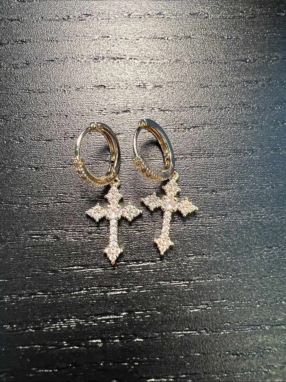 Gold Cross Huggie Hoop Earrings with Crystal Accents - Picture 1 of 3